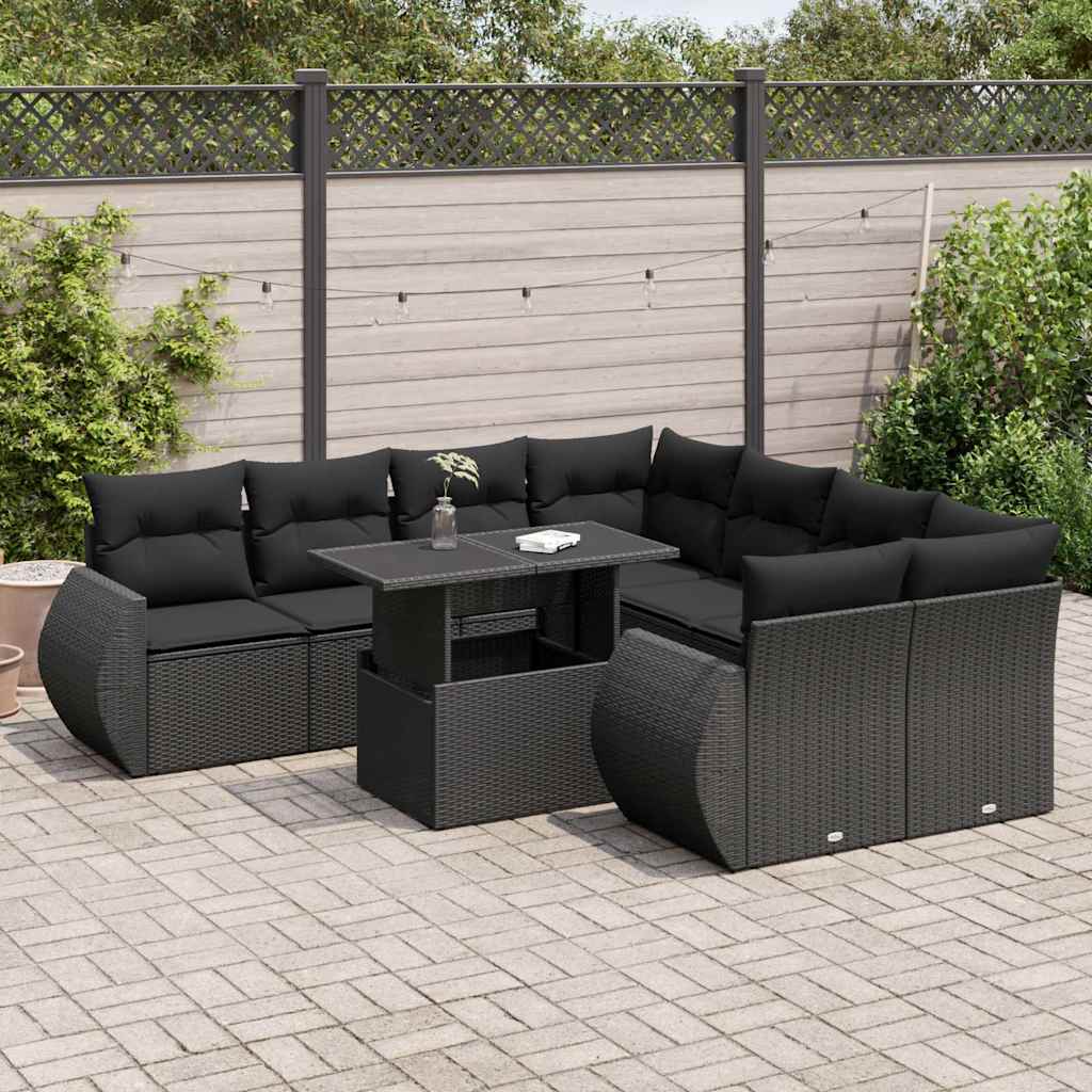 9 Piece Garden Sofa Set with Cushions Black Poly Rattan