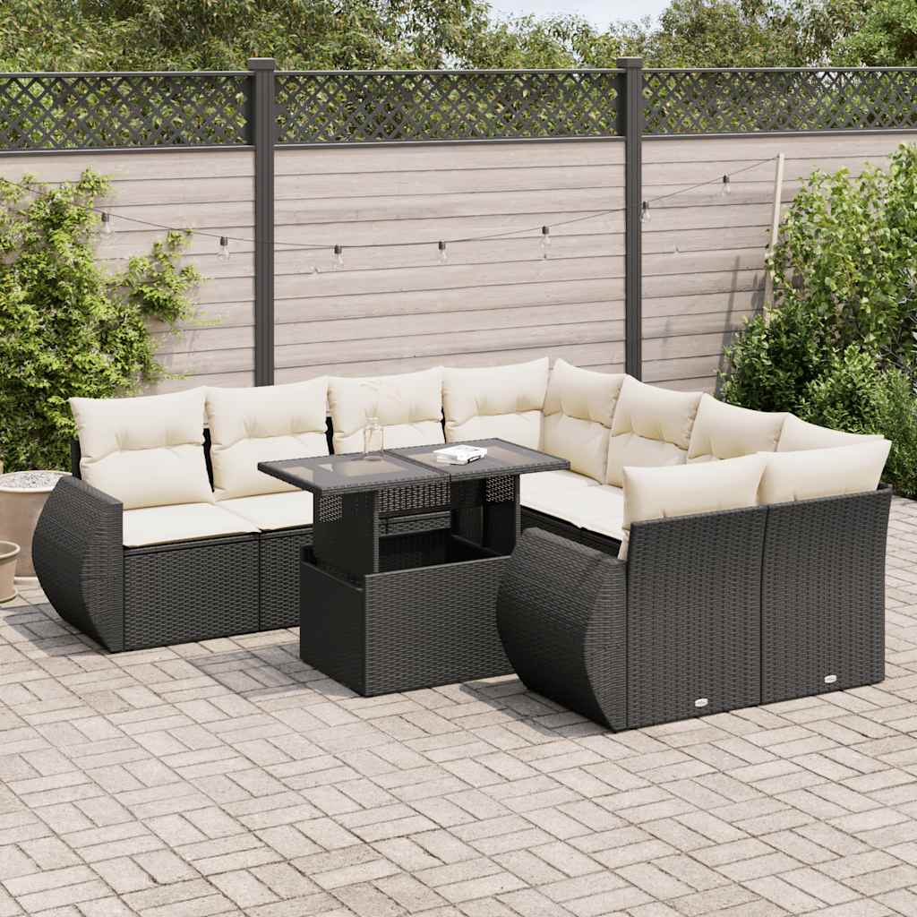 9 Piece Garden Sofa Set with Cushions Black Poly Rattan