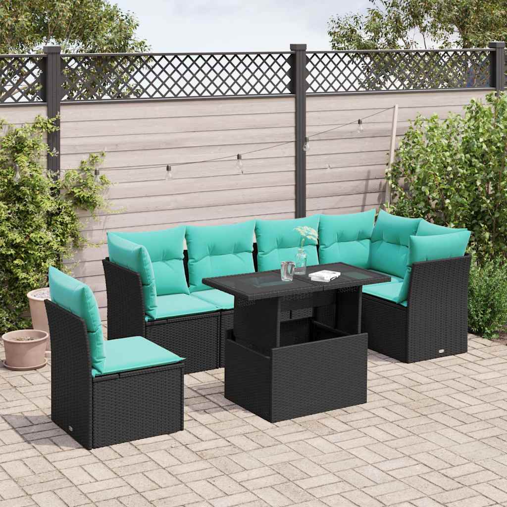 6 Piece Garden Sofa Set with Cushions Black Poly Rattan