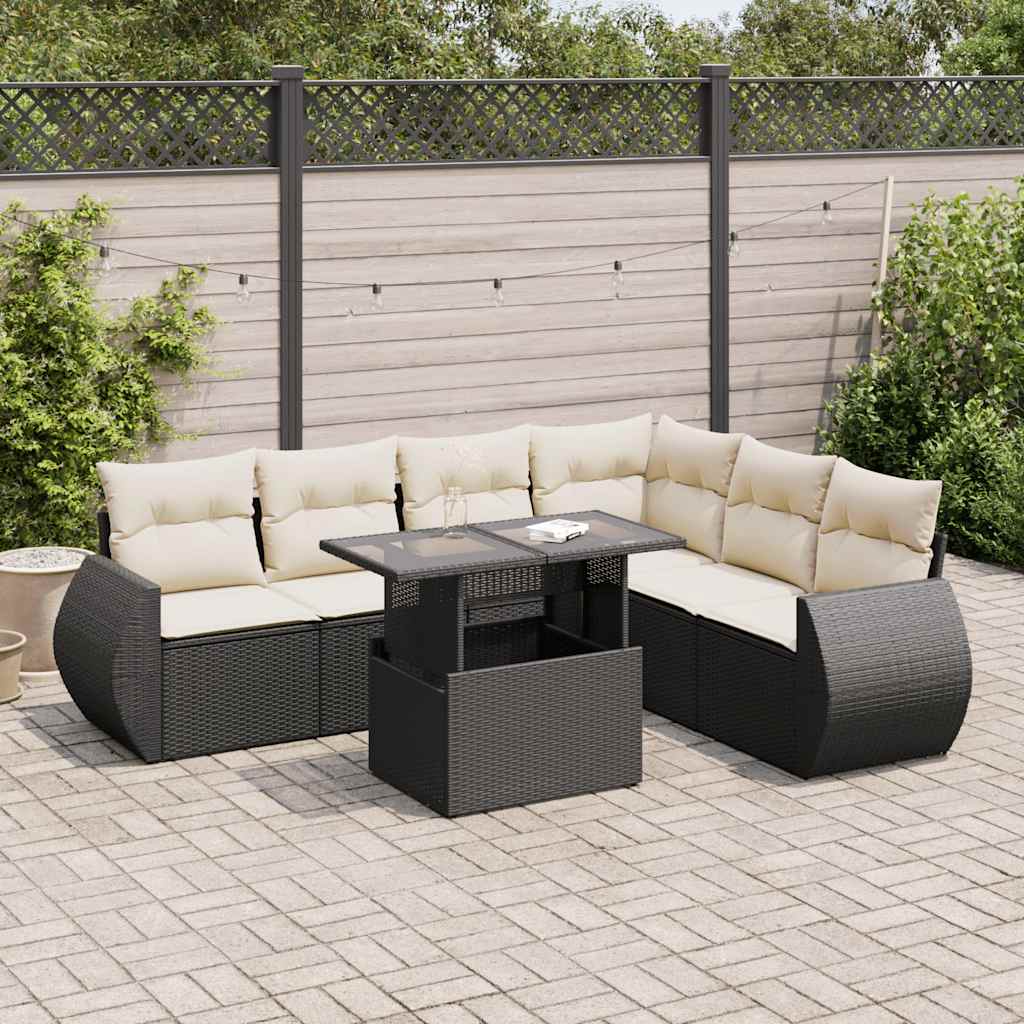 7 Piece Garden Sofa Set with Cushions Black Poly Rattan
