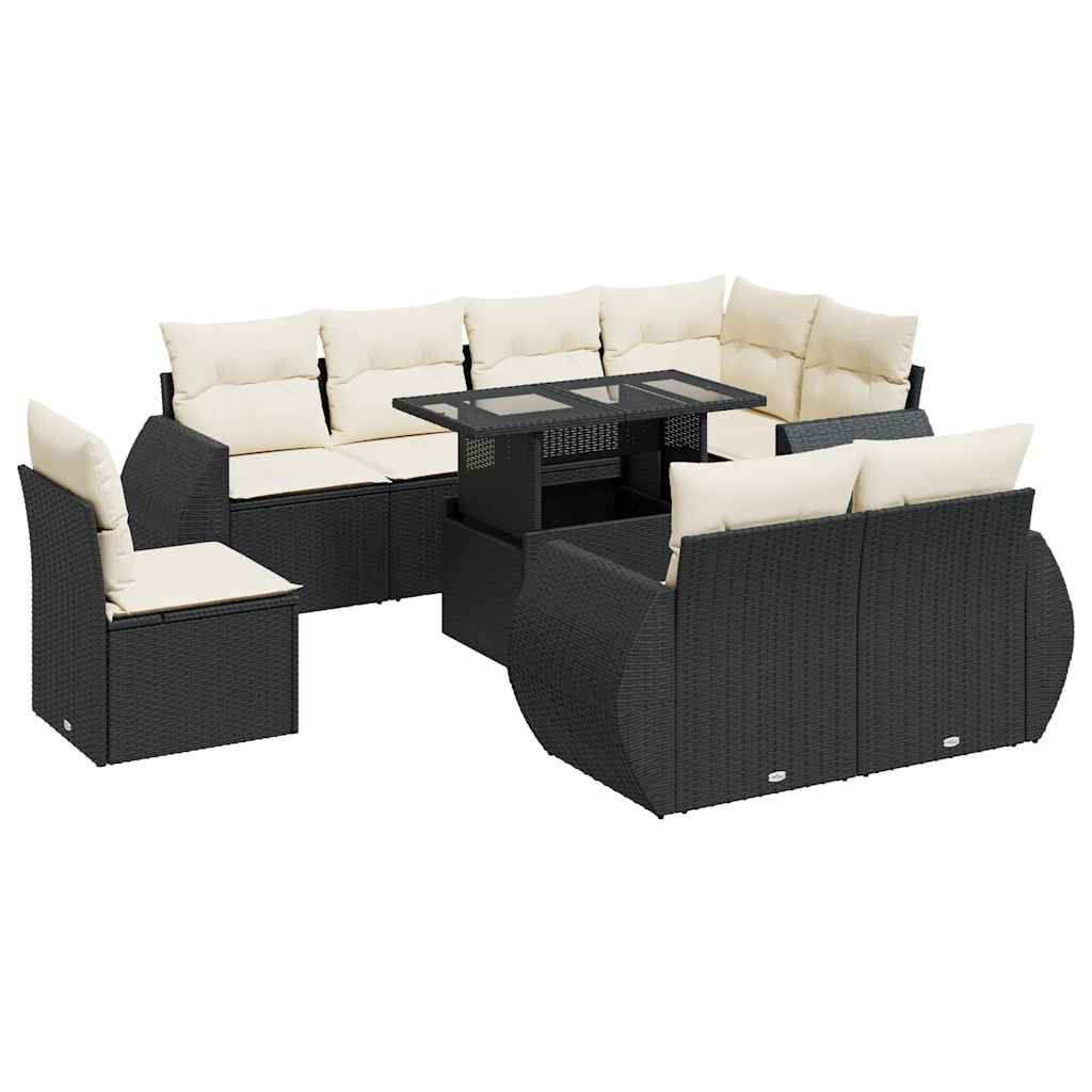 9 Piece Garden Sofa Set with Cushions Black Poly Rattan