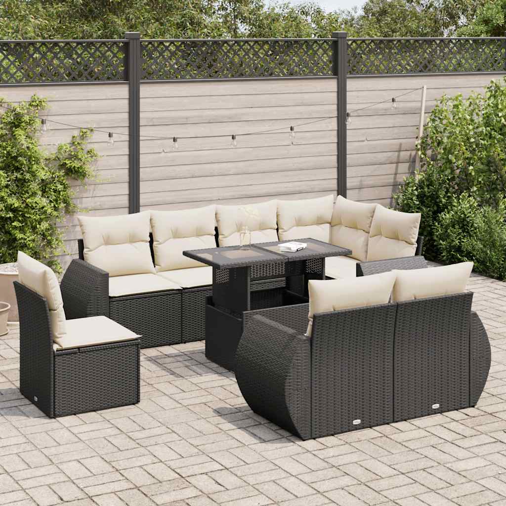 9 Piece Garden Sofa Set with Cushions Black Poly Rattan
