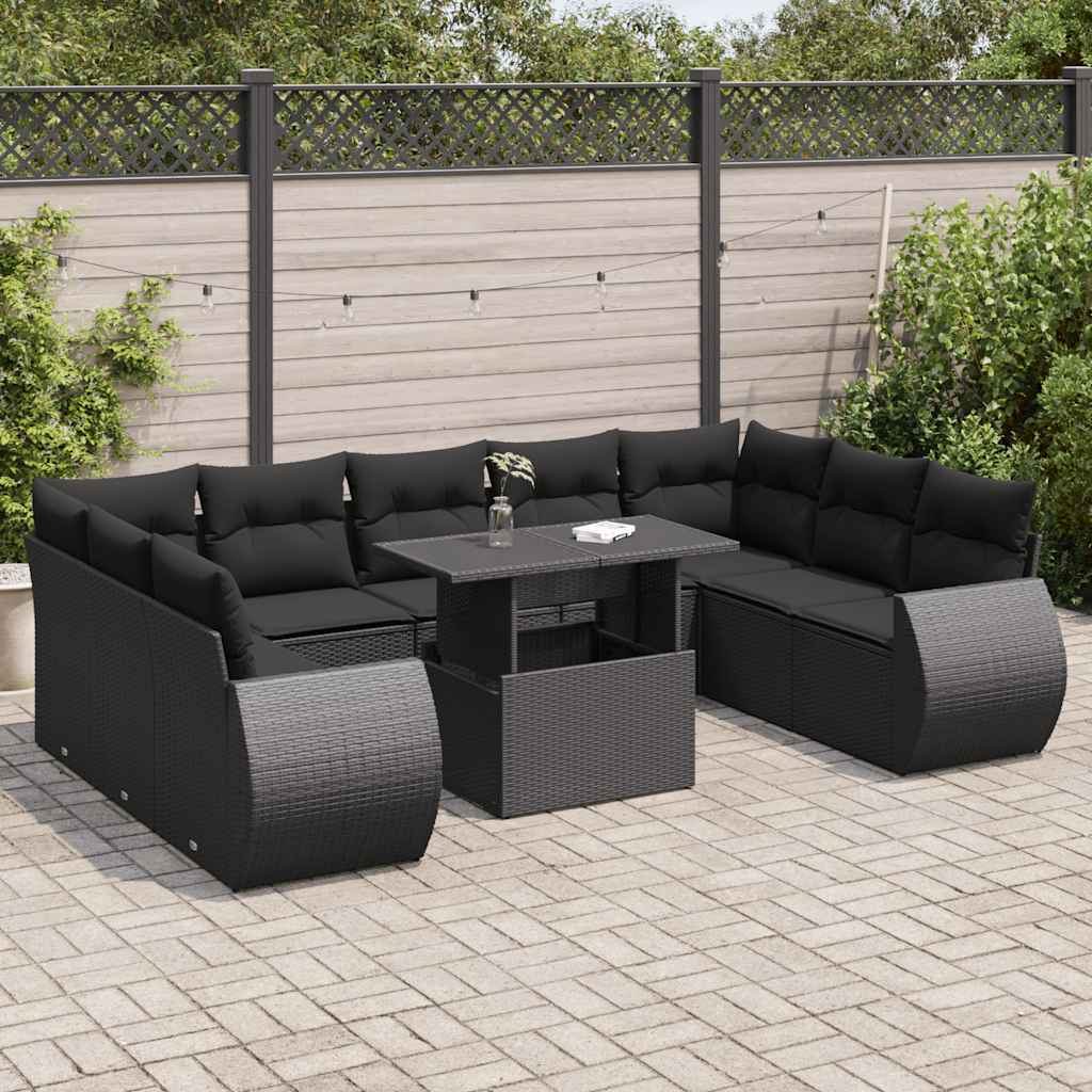 10 Piece Garden Sofa Set with Cushions Black Poly Rattan