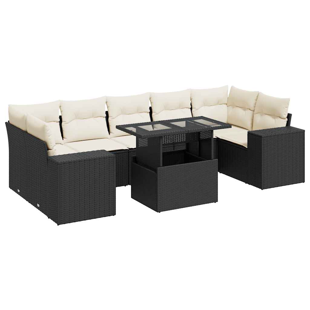 8 Piece Garden Sofa Set with Cushions Black Poly Rattan