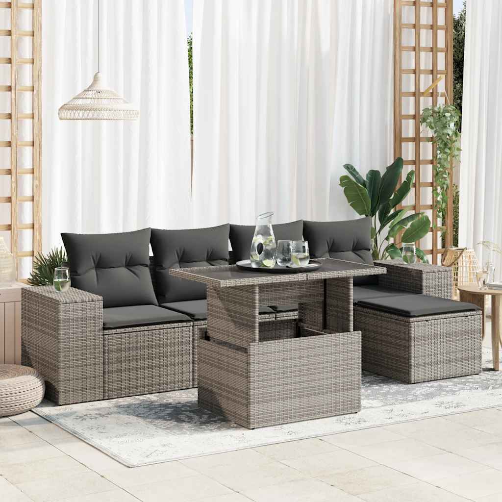 6 Piece Garden Sofa Set with Cushions Grey Poly Rattan