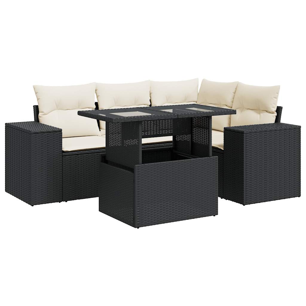 5 Piece Garden Sofa Set with Cushions Black Poly Rattan