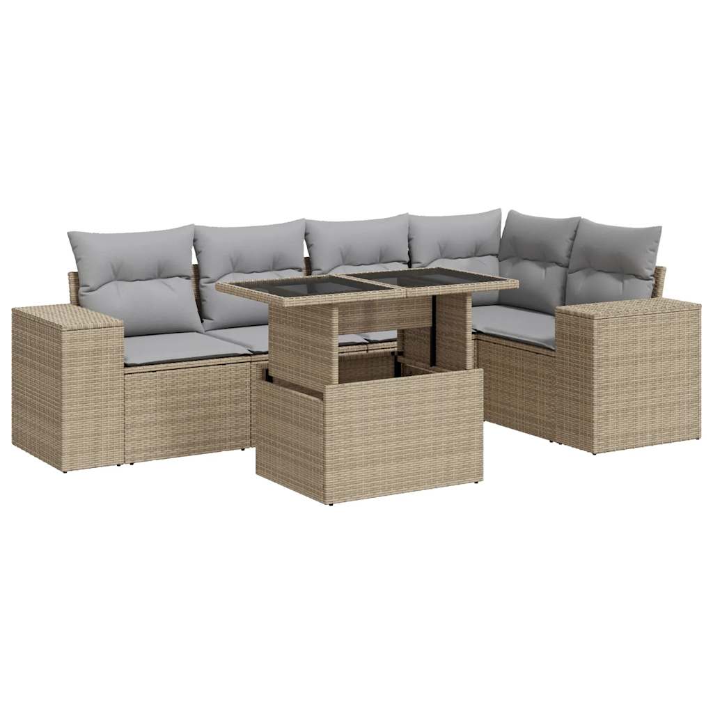 6 Piece Garden Sofa Set with Cushions Beige Poly Rattan