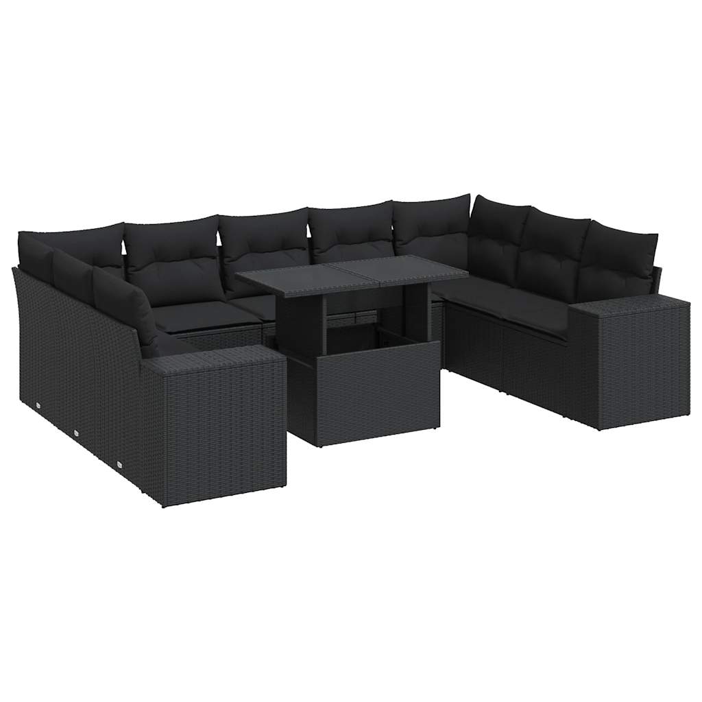 10 Piece Garden Sofa Set with Cushions Black Poly Rattan