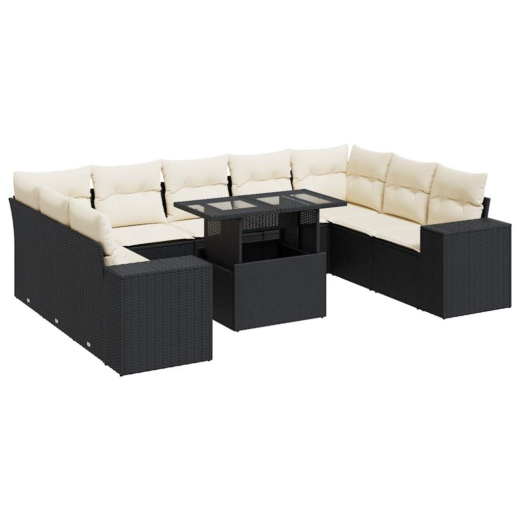 10 Piece Garden Sofa Set with Cushions Black Poly Rattan