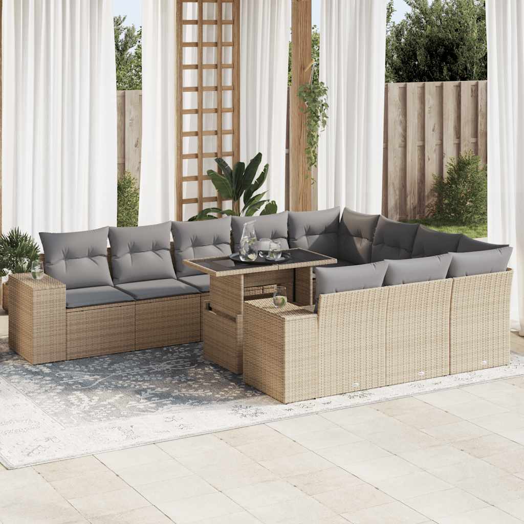 11 Piece Garden Sofa Set with Cushions Beige Poly Rattan