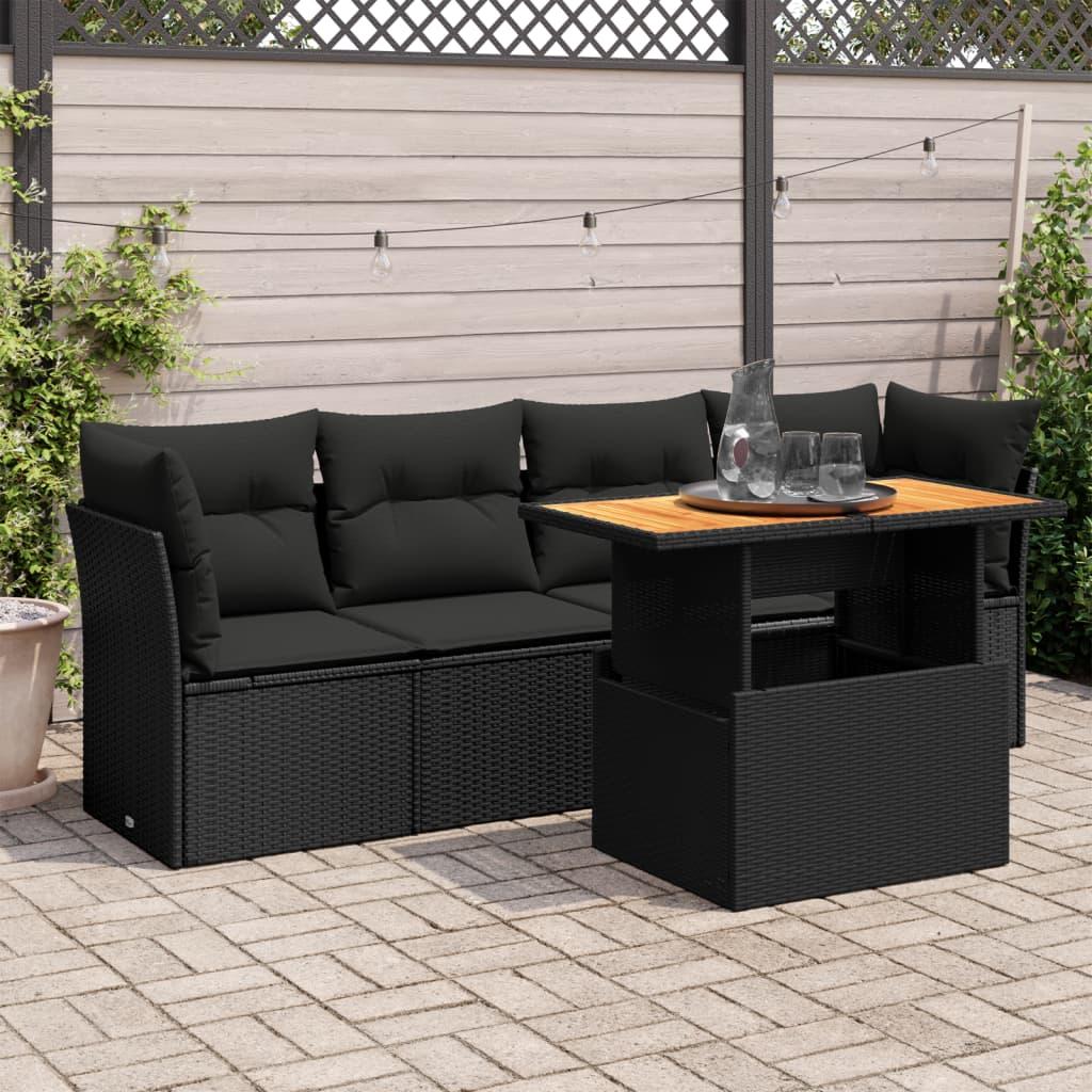 5 Piece Garden Sofa Set with Cushions Black Poly Rattan