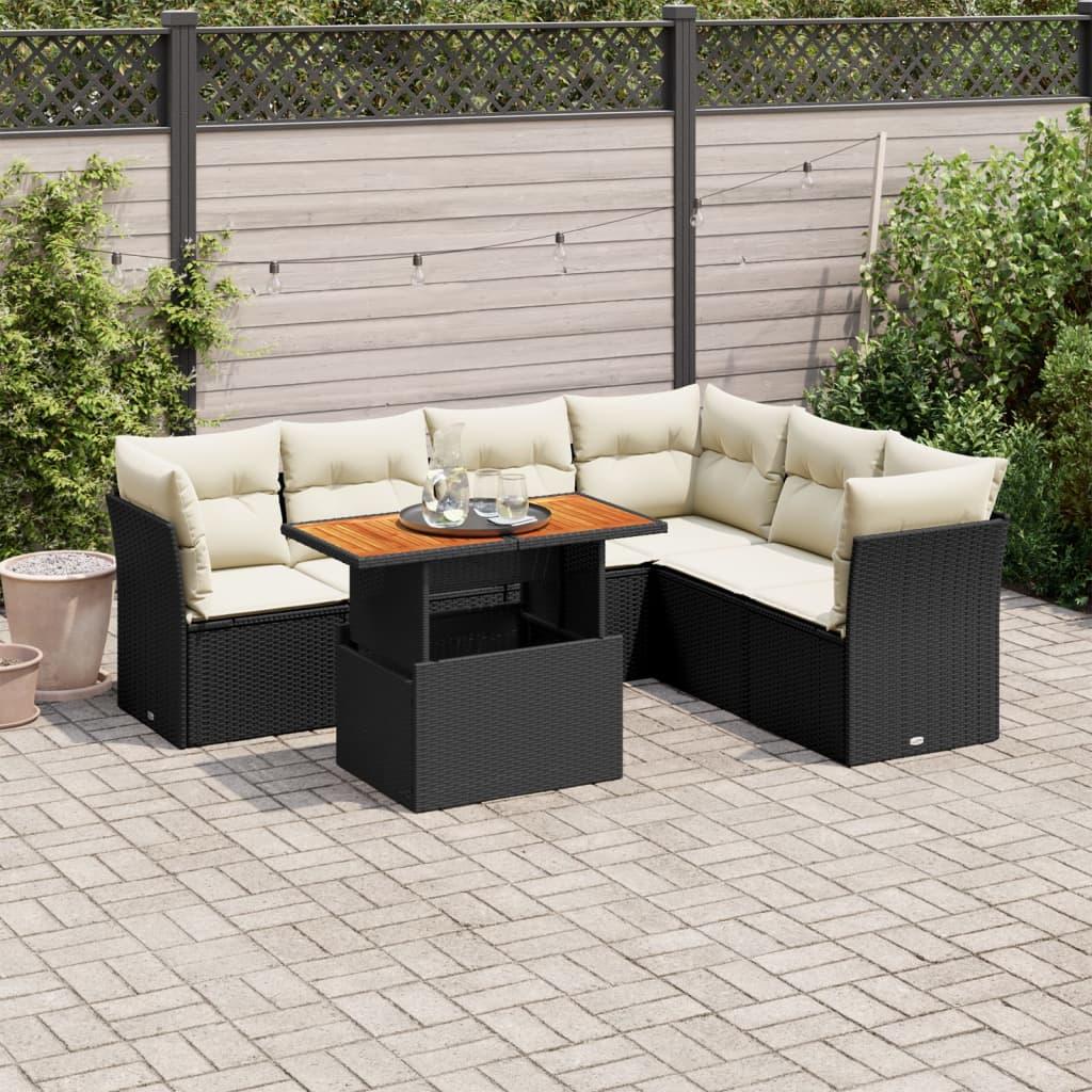 7 Piece Garden Sofa Set with Cushions Black Poly Rattan