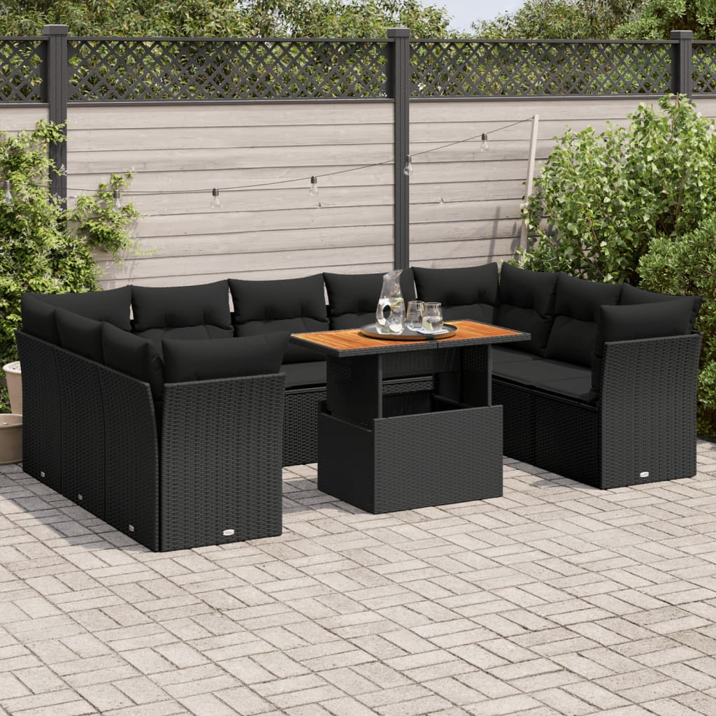 10 Piece Garden Sofa Set with Cushions Black Poly Rattan