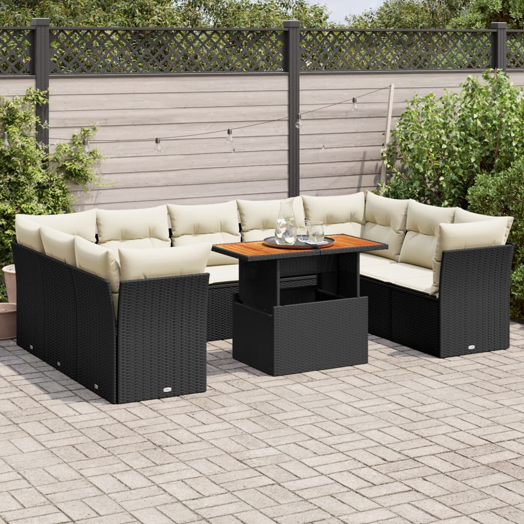 10 Piece Garden Sofa Set with Cushions Black Poly Rattan