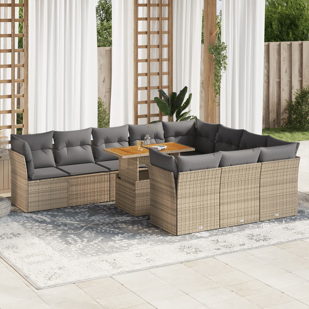 11 Piece Garden Sofa Set with Cushions Beige Poly Rattan