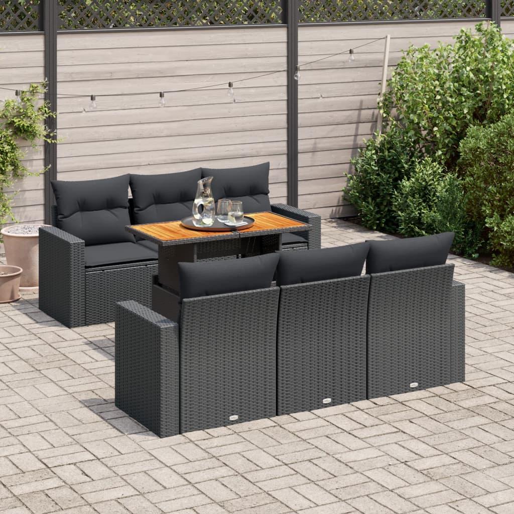 7 Piece Garden Sofa Set with Cushions Black Poly Rattan