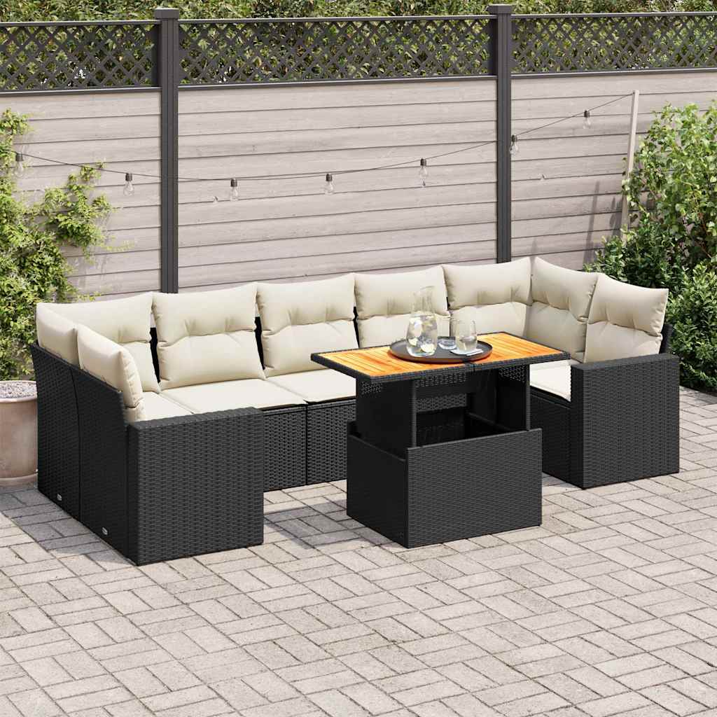 8 Piece Garden Sofa Set with Cushions Black Poly Rattan