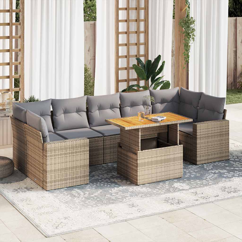 8 Piece Garden Sofa Set with Cushions Beige Poly Rattan