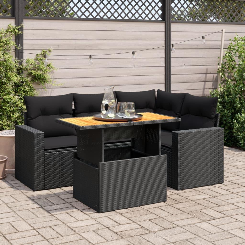 5 Piece Garden Sofa Set with Cushions Black Poly Rattan