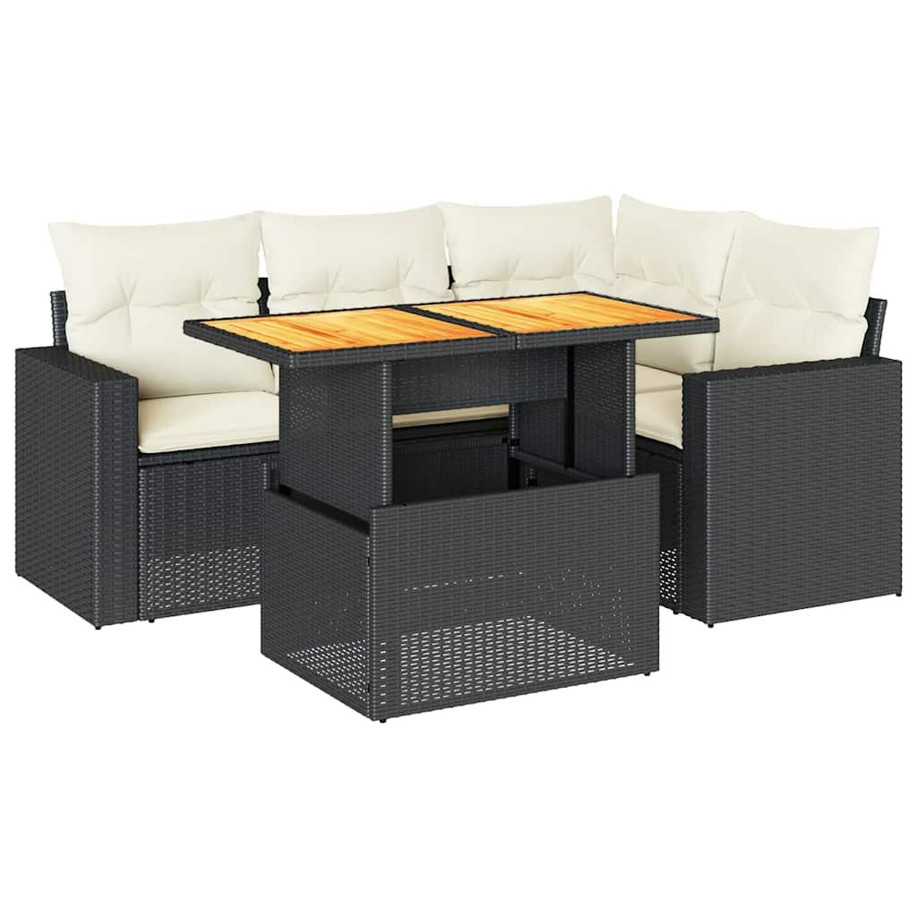 5 Piece Garden Sofa Set with Cushions Black Poly Rattan