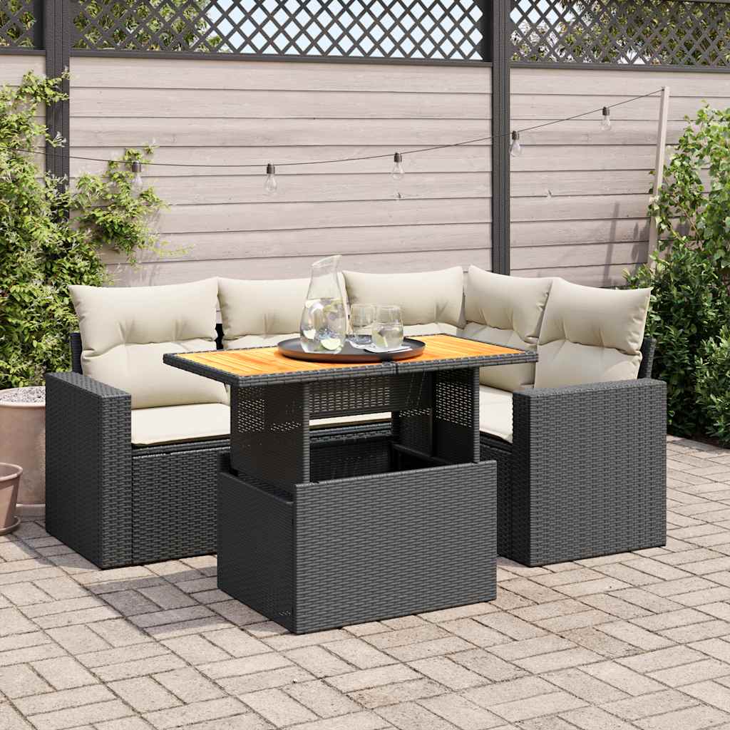 5 Piece Garden Sofa Set with Cushions Black Poly Rattan