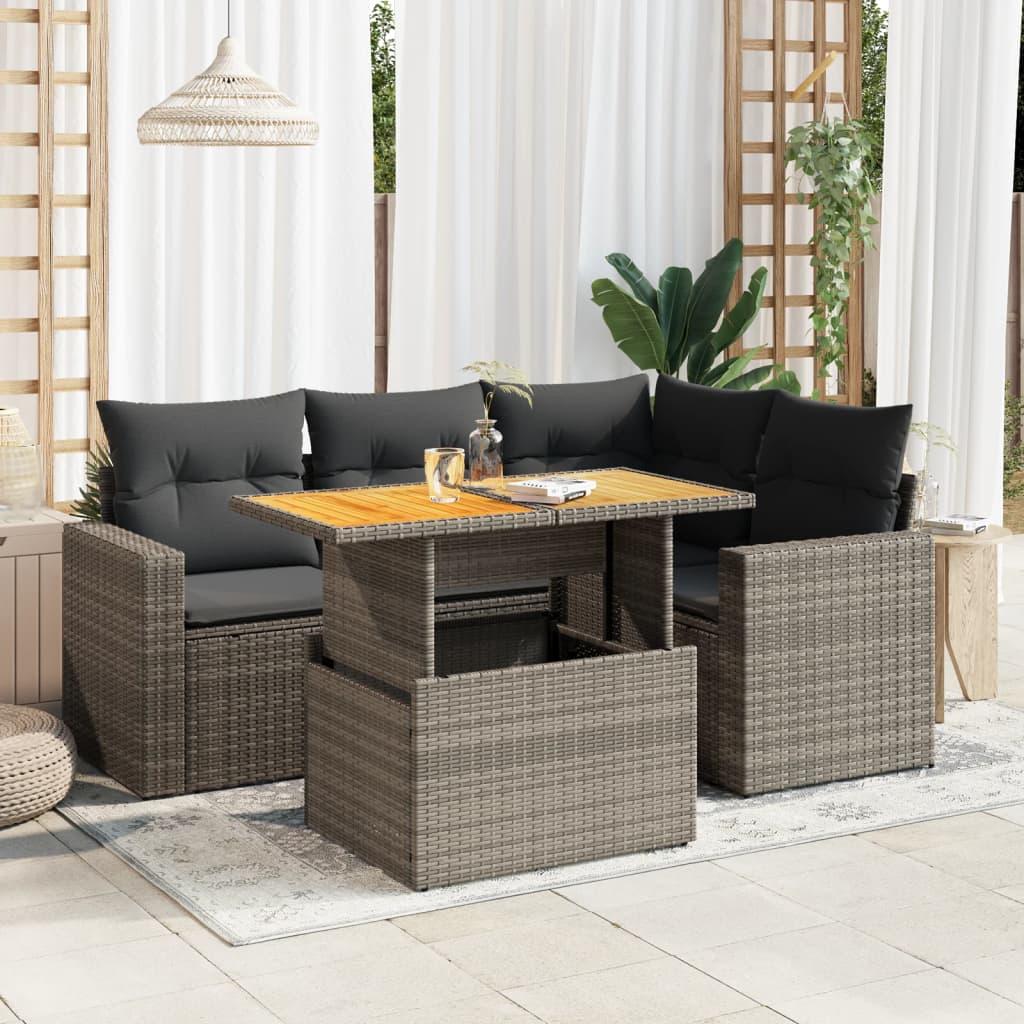 5 Piece Garden Sofa Set with Cushions Grey Poly Rattan