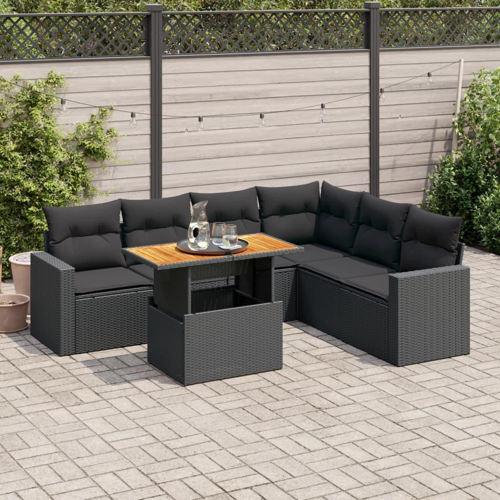 7 Piece Garden Sofa Set with Cushions Black Poly Rattan