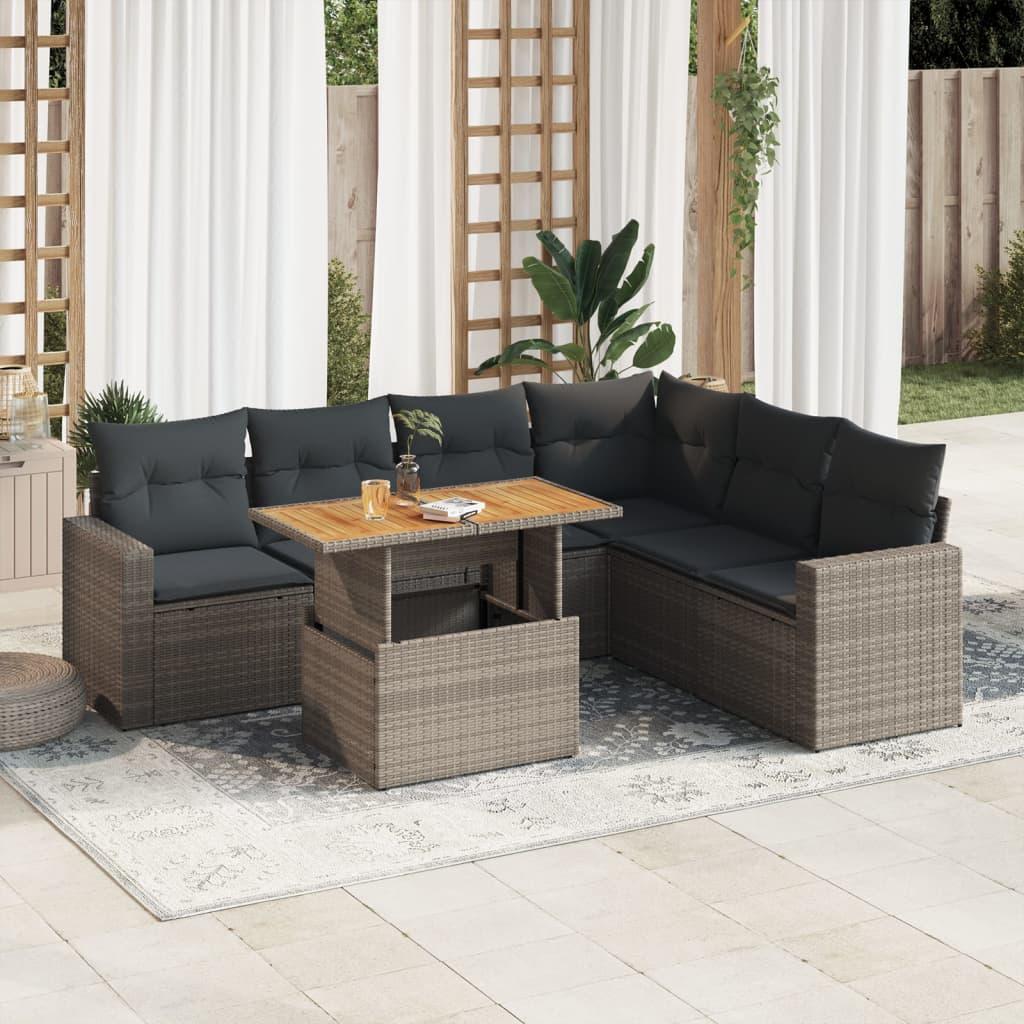 7 Piece Garden Sofa Set with Cushions Grey Poly Rattan