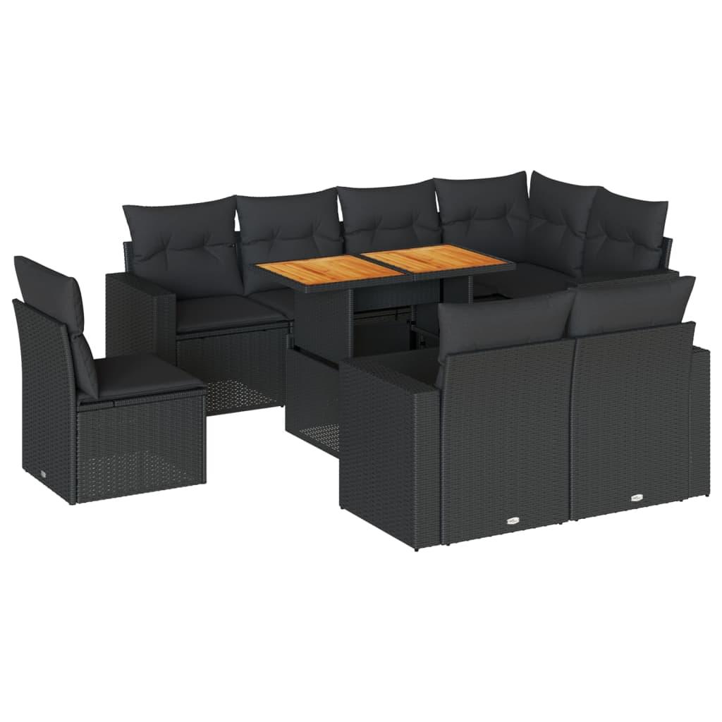 9 Piece Garden Sofa Set with Cushions Black Poly Rattan