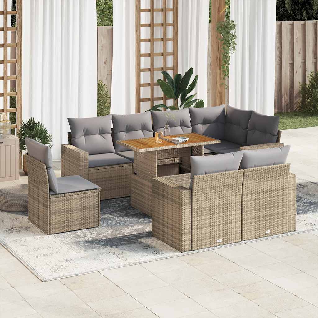 9 Piece Garden Sofa Set with Cushions Beige Poly Rattan