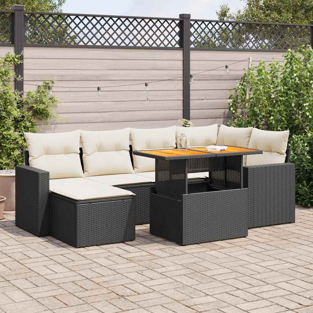 7 Piece Garden Sofa Set with Cushions Black Poly Rattan