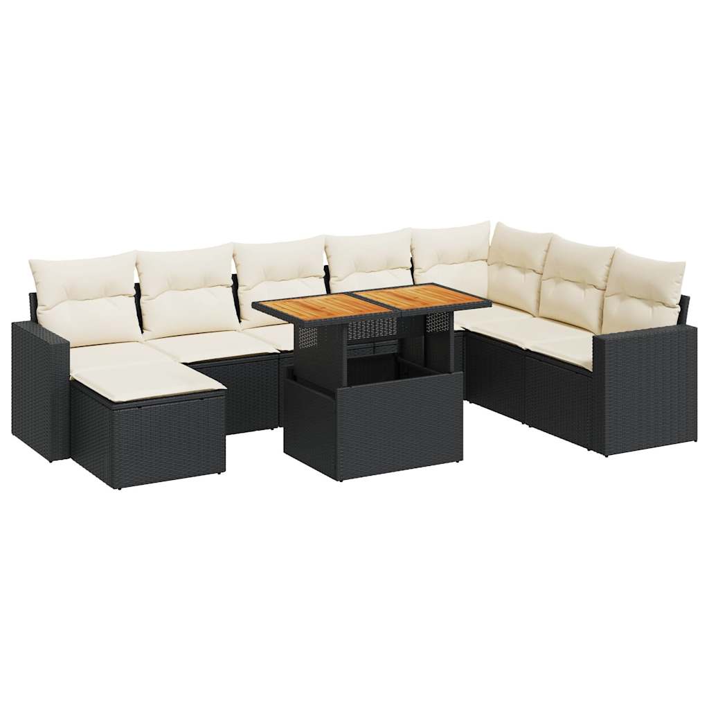 9 Piece Garden Sofa Set with Cushions Black Poly Rattan
