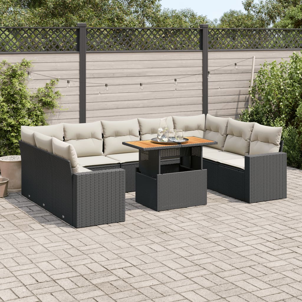 10 Piece Garden Sofa Set with Cushions Black Poly Rattan