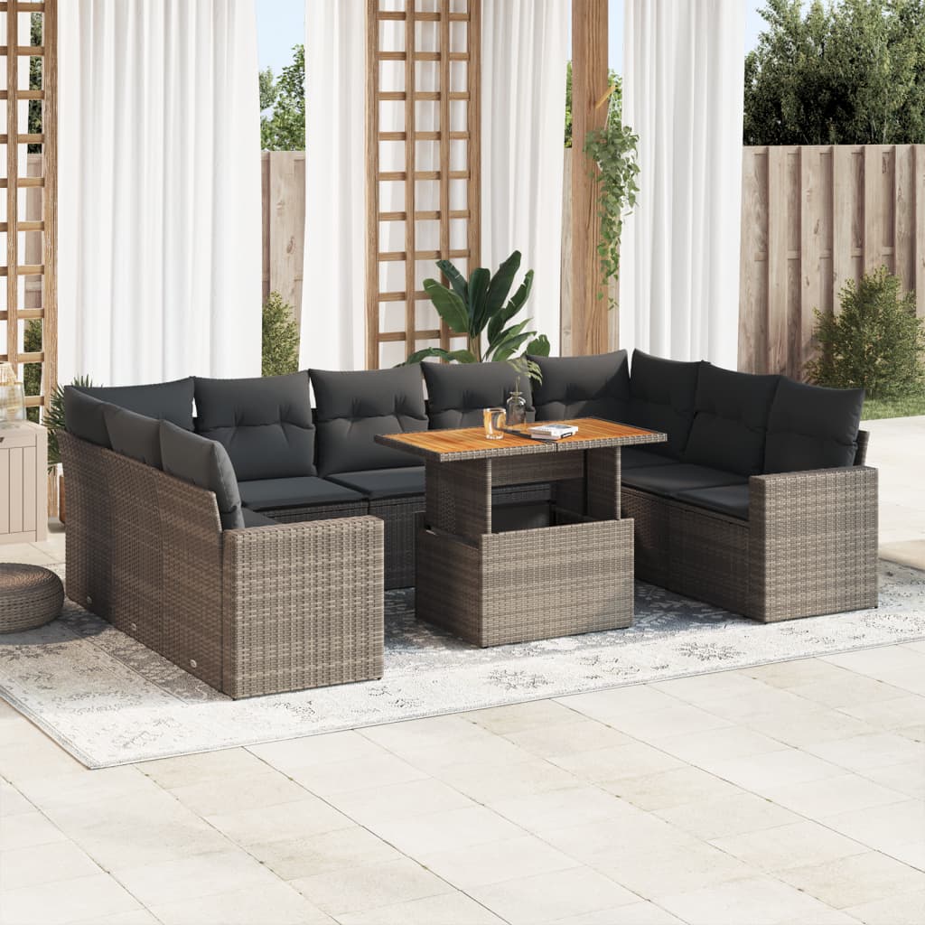 10 Piece Garden Sofa Set with Cushions Grey Poly Rattan