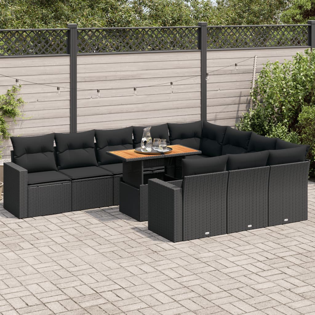 11 Piece Garden Sofa Set with Cushions Black Poly Rattan