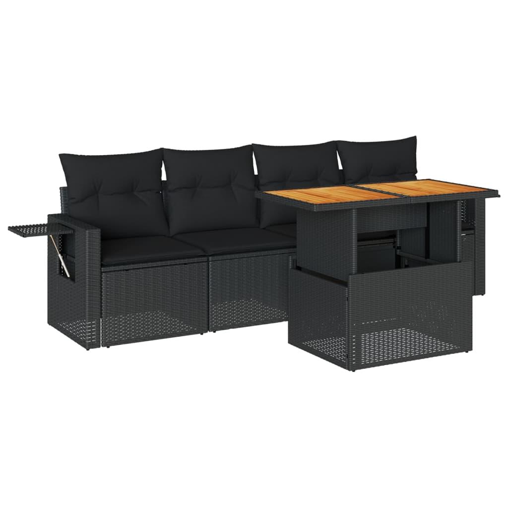5 Piece Garden Sofa Set with Cushions Black Poly Rattan
