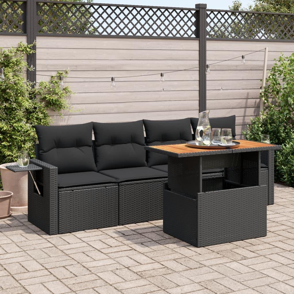 5 Piece Garden Sofa Set with Cushions Black Poly Rattan