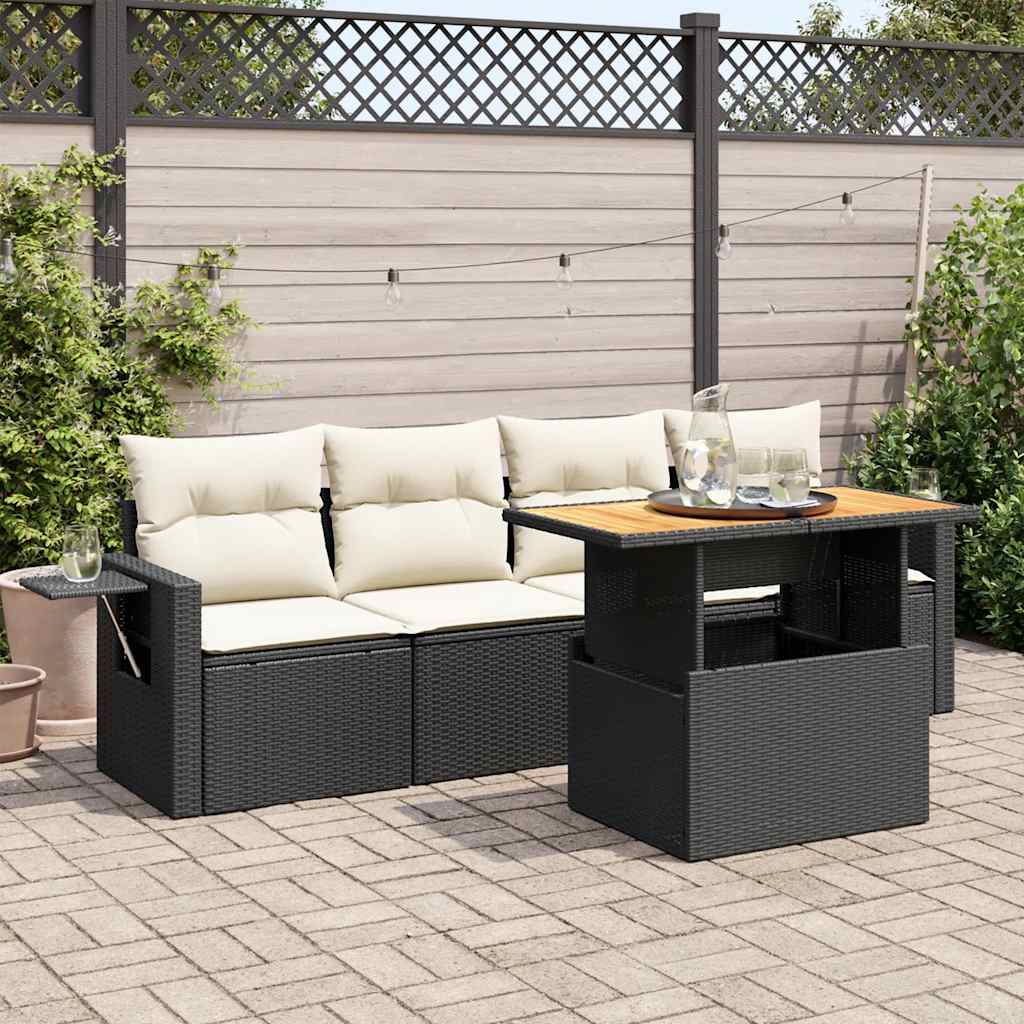 5 Piece Garden Sofa Set with Cushions Black Poly Rattan