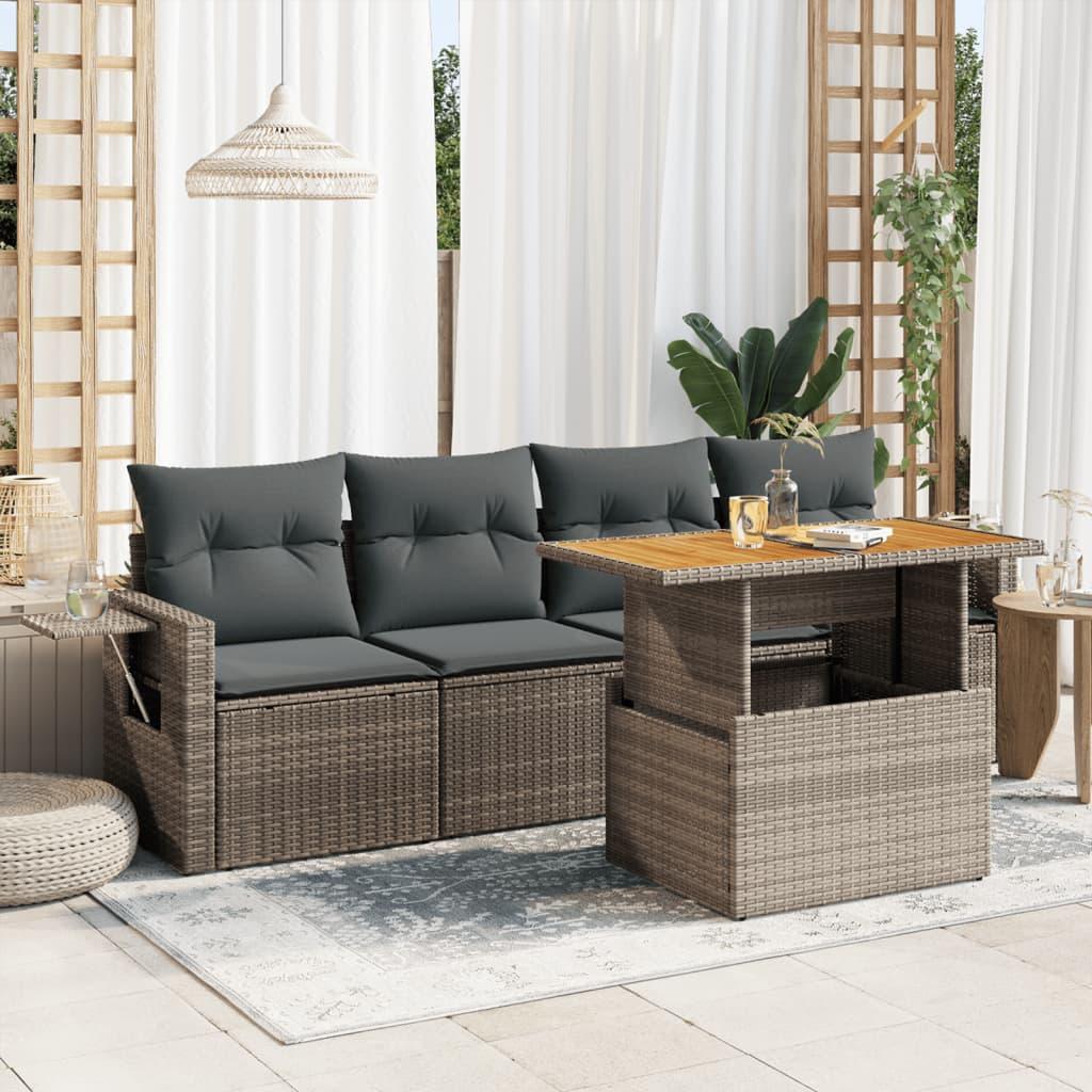 5 Piece Garden Sofa Set with Cushions Grey Poly Rattan