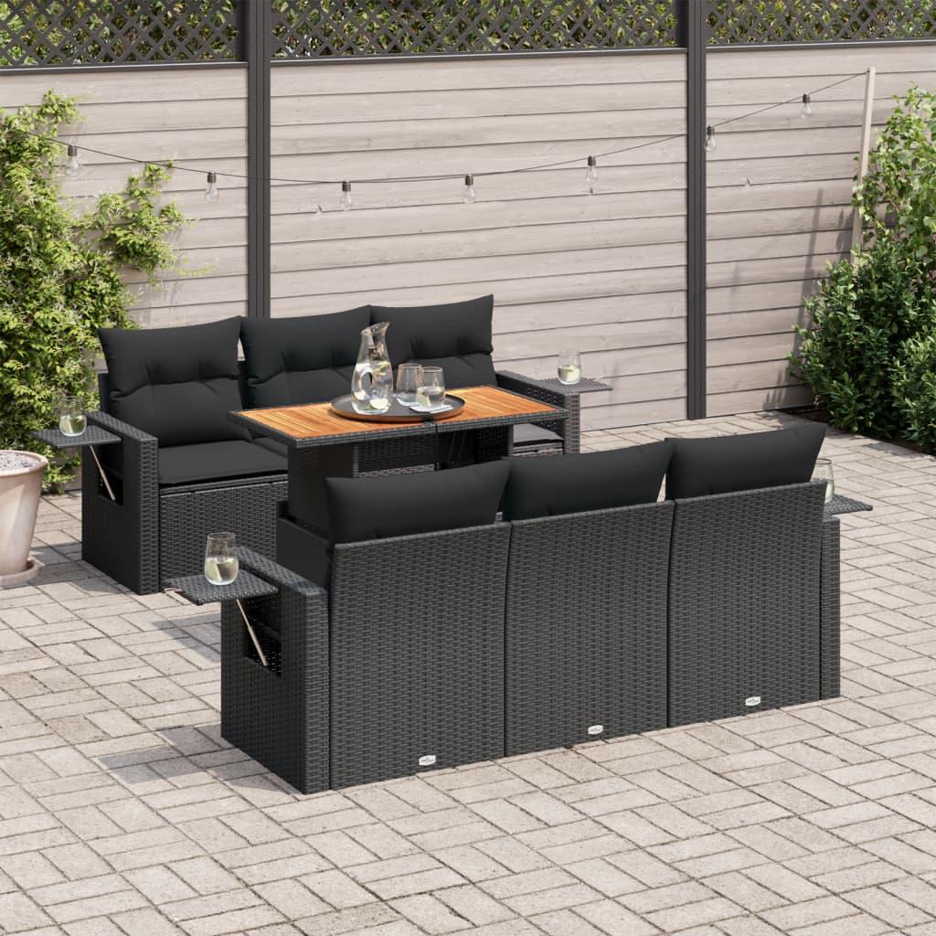 7 Piece Garden Sofa Set with Cushions Black Poly Rattan