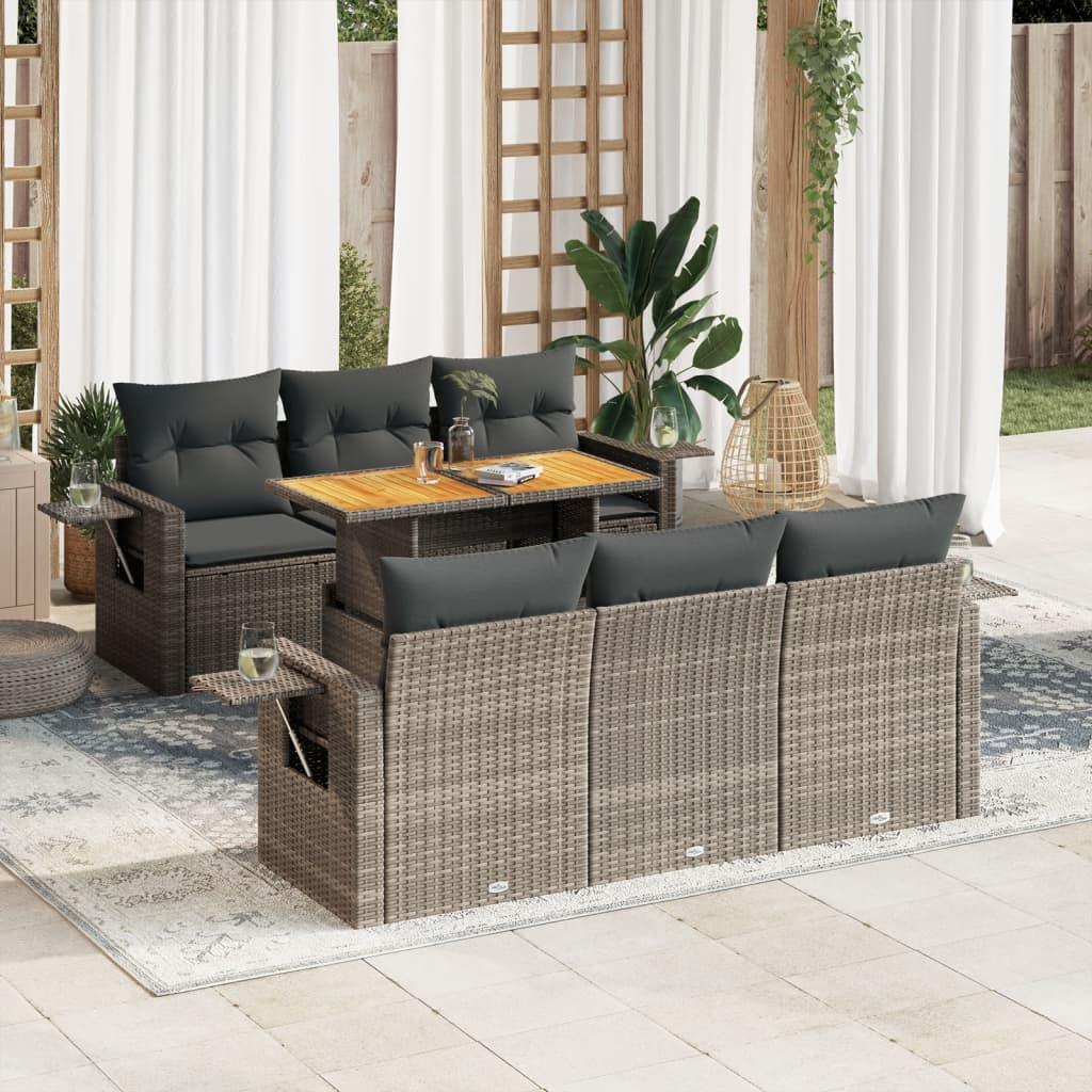 7 Piece Garden Sofa Set with Cushions Grey Poly Rattan