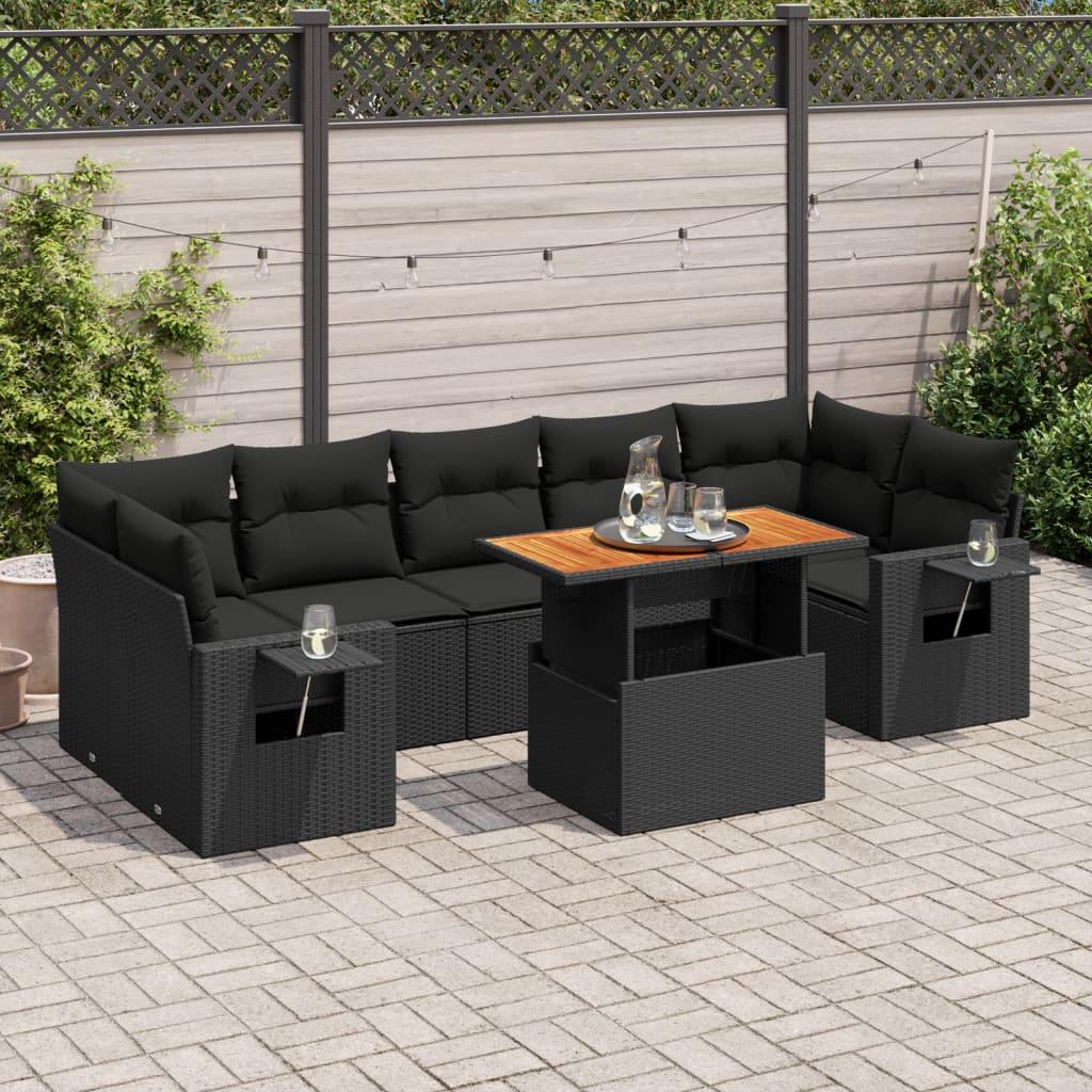 8 Piece Garden Sofa Set with Cushions Black Poly Rattan