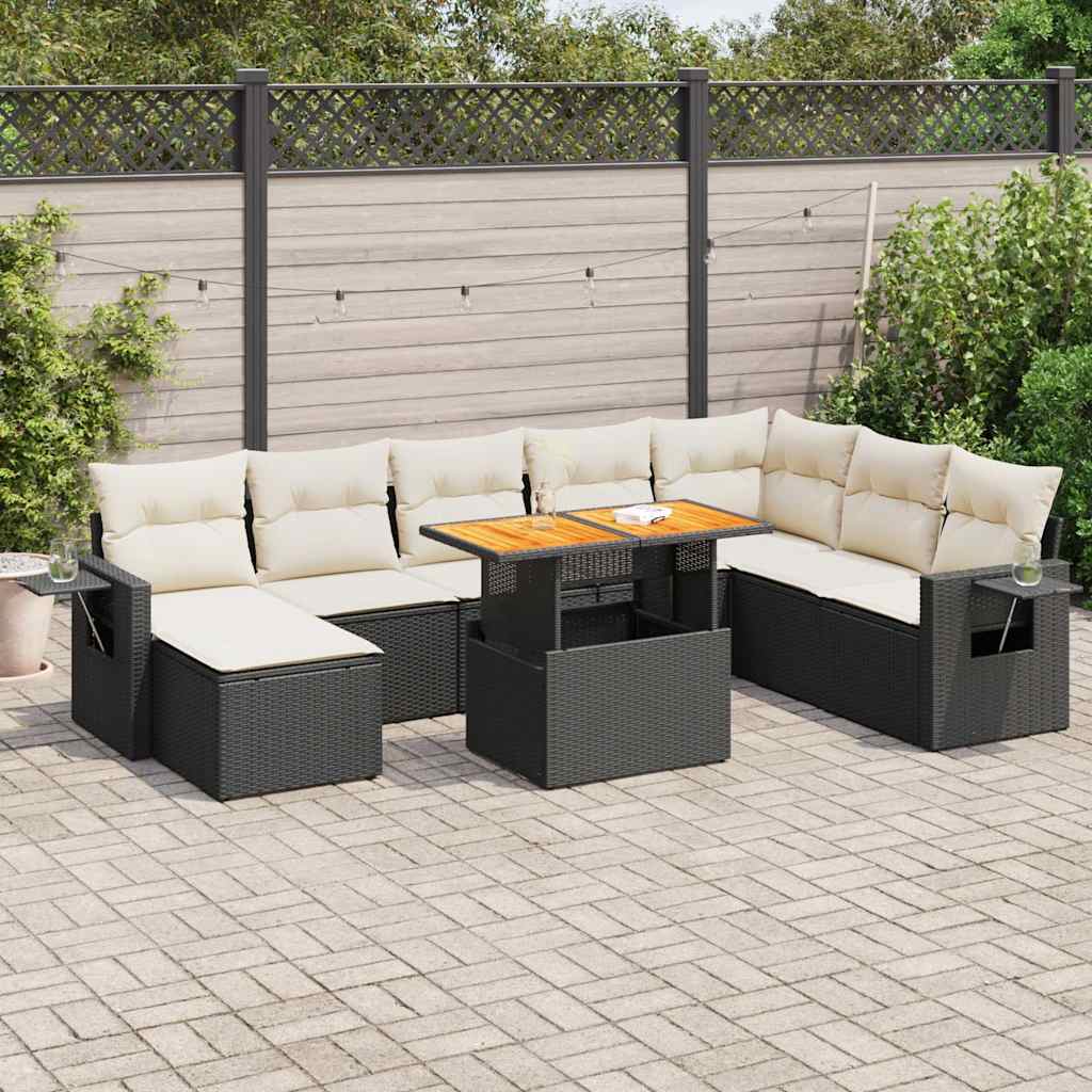 9 Piece Garden Sofa Set with Cushions Black Poly Rattan