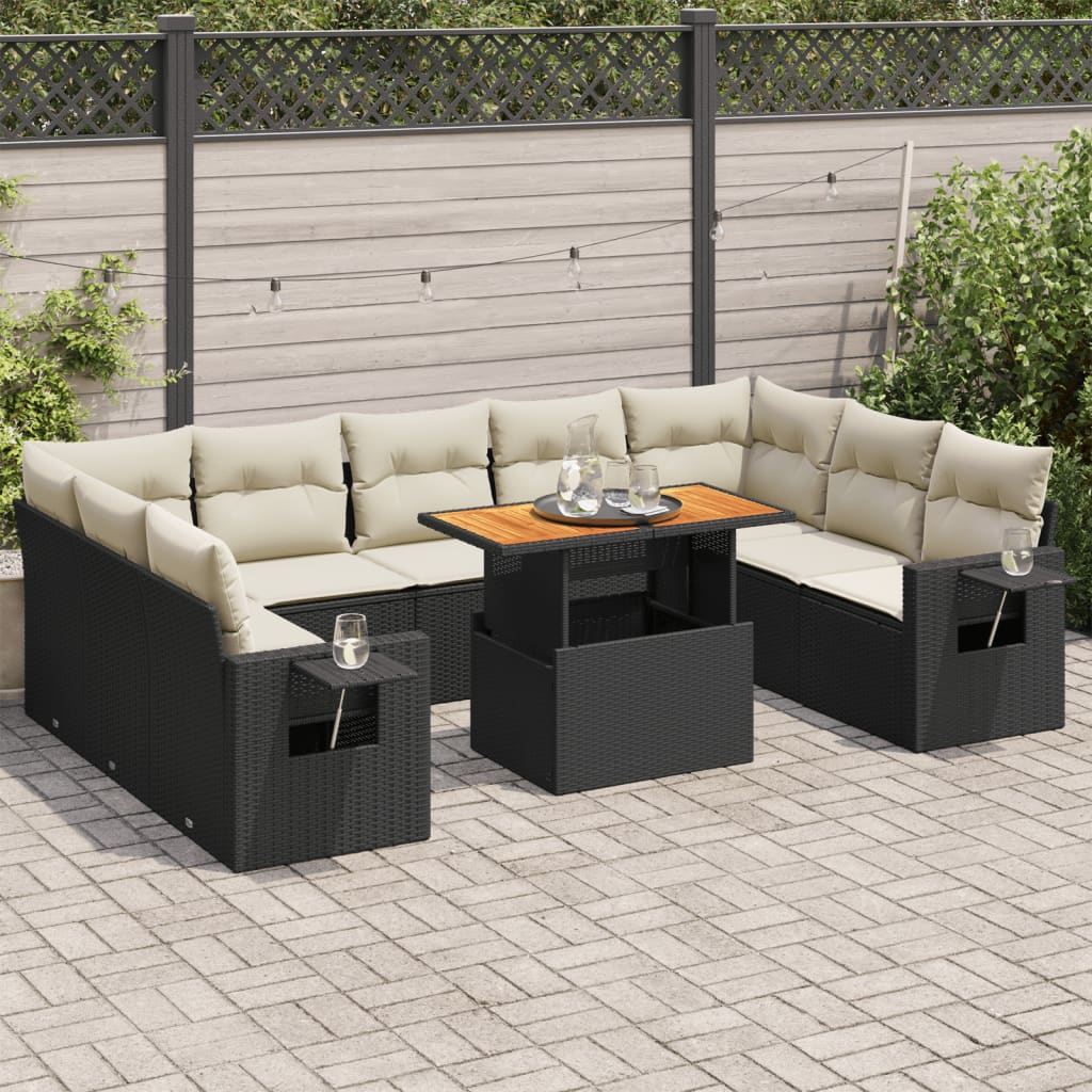 10 Piece Garden Sofa Set with Cushions Black Poly Rattan