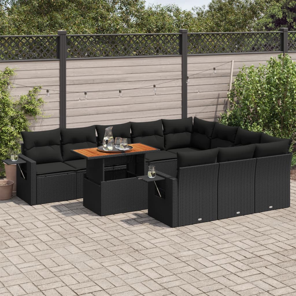 11 Piece Garden Sofa Set with Cushions Black Poly Rattan