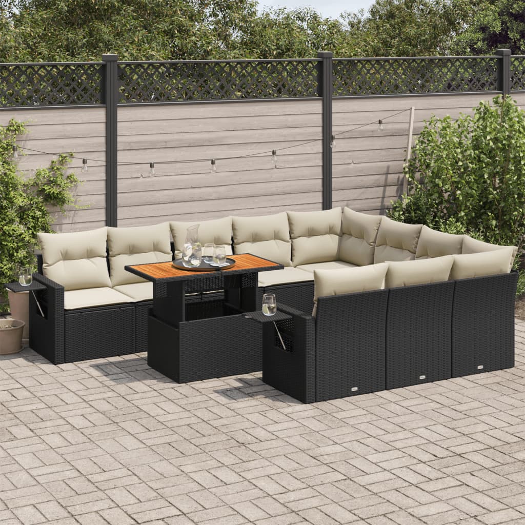 11 Piece Garden Sofa Set with Cushions Black Poly Rattan