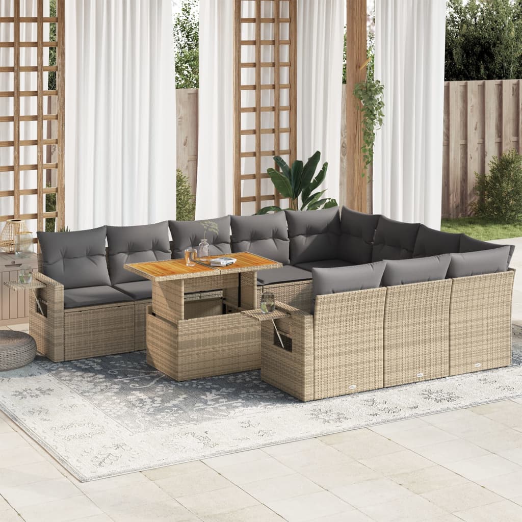 11 Piece Garden Sofa Set with Cushions Beige Poly Rattan