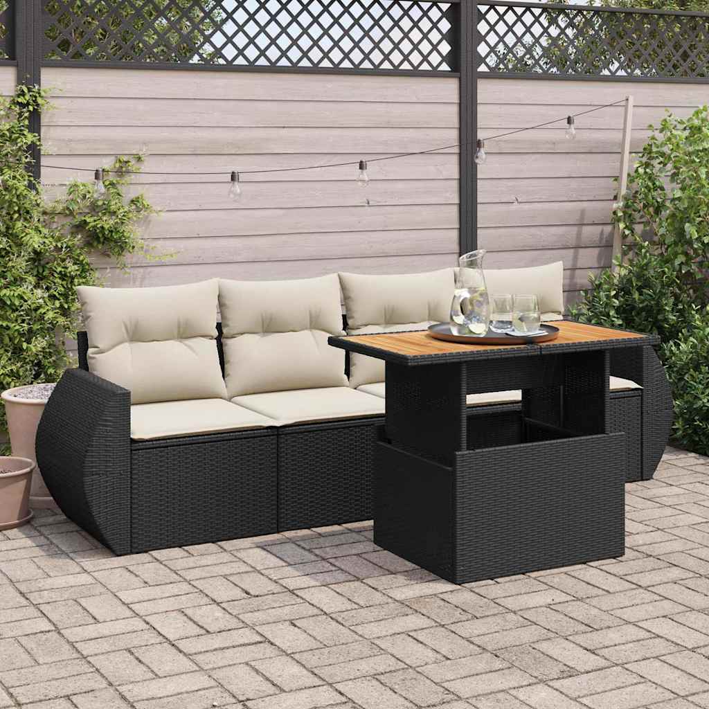 5 Piece Garden Sofa Set with Cushions Black Poly Rattan