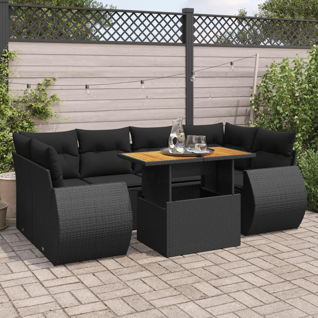 7 Piece Garden Sofa Set with Cushions Black Poly Rattan