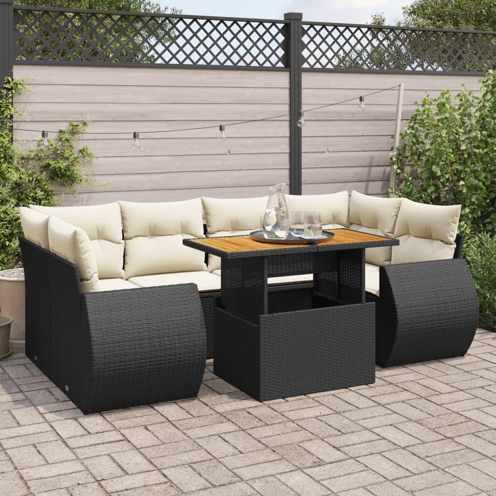 7 Piece Garden Sofa Set with Cushions Black Poly Rattan